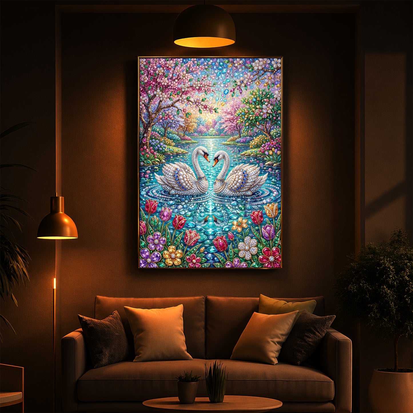 Pair Of Swans Modern Luxury Backlight Vertical Wall Art