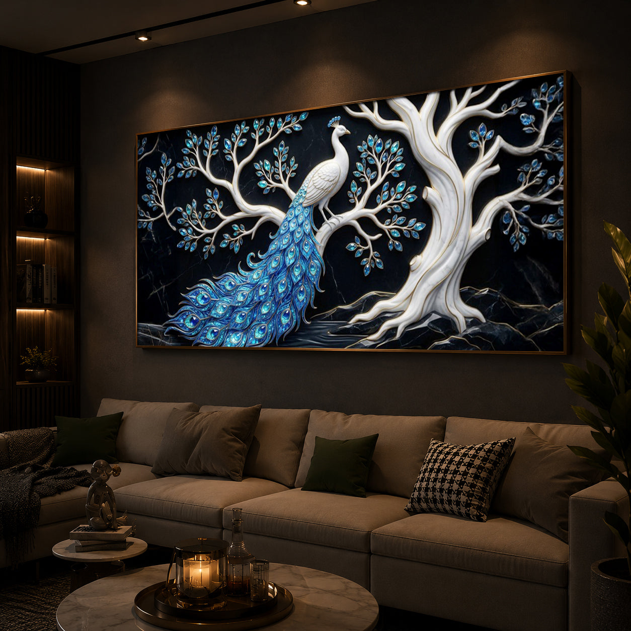 Peacock With Blue Feather Modern Luxury Backlight Horizontal Wall Art