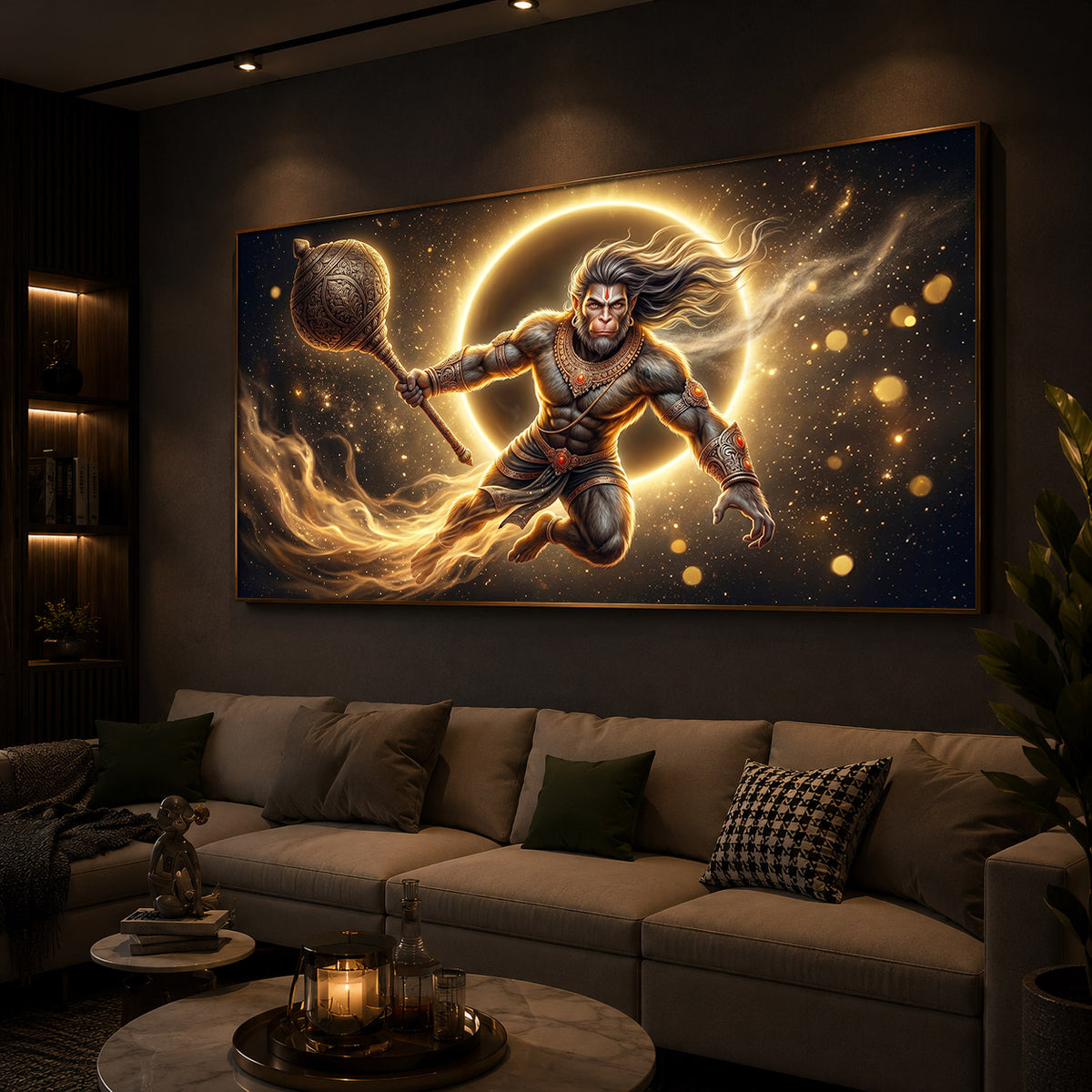 Lord Hanuman With Gada Modern Luxury Backlight Horizontal Wall Art