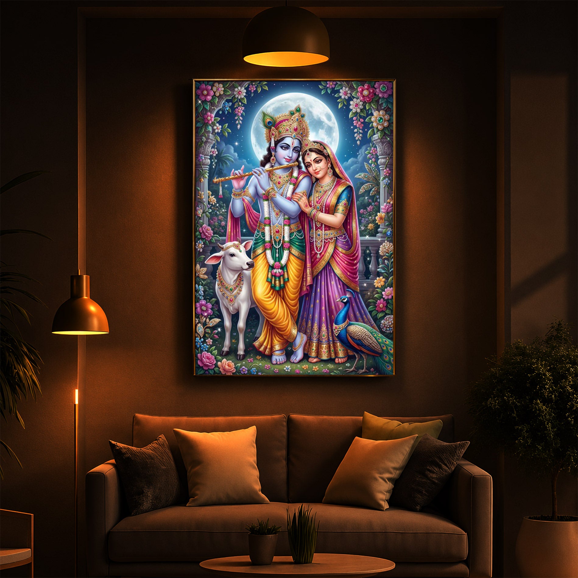 Moonlit Radha Krishna Leela Modern Luxury Backlight Vertical Wall Art