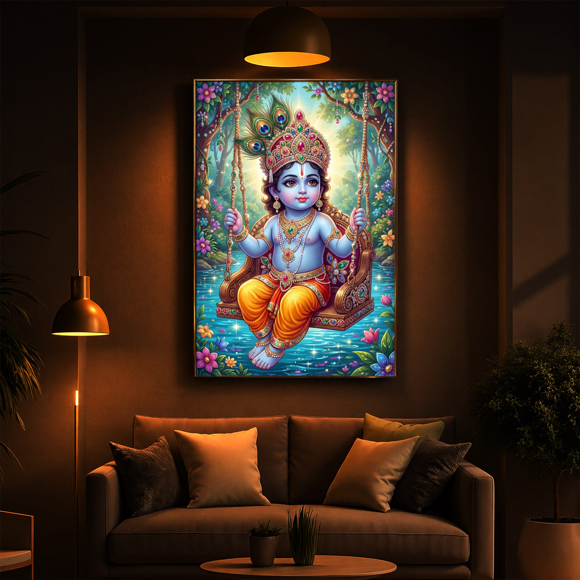 Divine Lord Krishna Modern Luxury Backlight Vertical Wall Art
