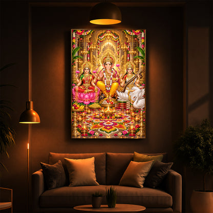 Maa Lakshmi, Lord Ganesha and Goddess Saraswati Modern Luxury Backlight Vertical Wall Art