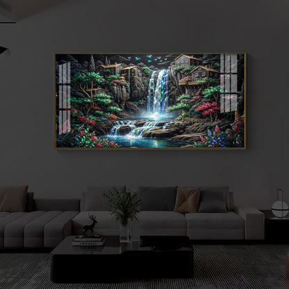 Lush Mountain Waterfall Modern Luxury Backlight Horizontal Wall Art