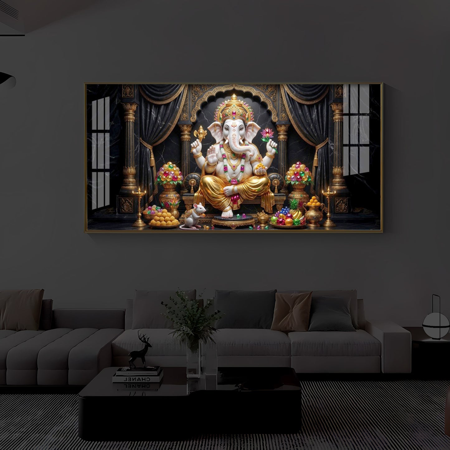Hindu Deity Lord Ganesha Modern Luxury Backlight Horizontal Wall Art