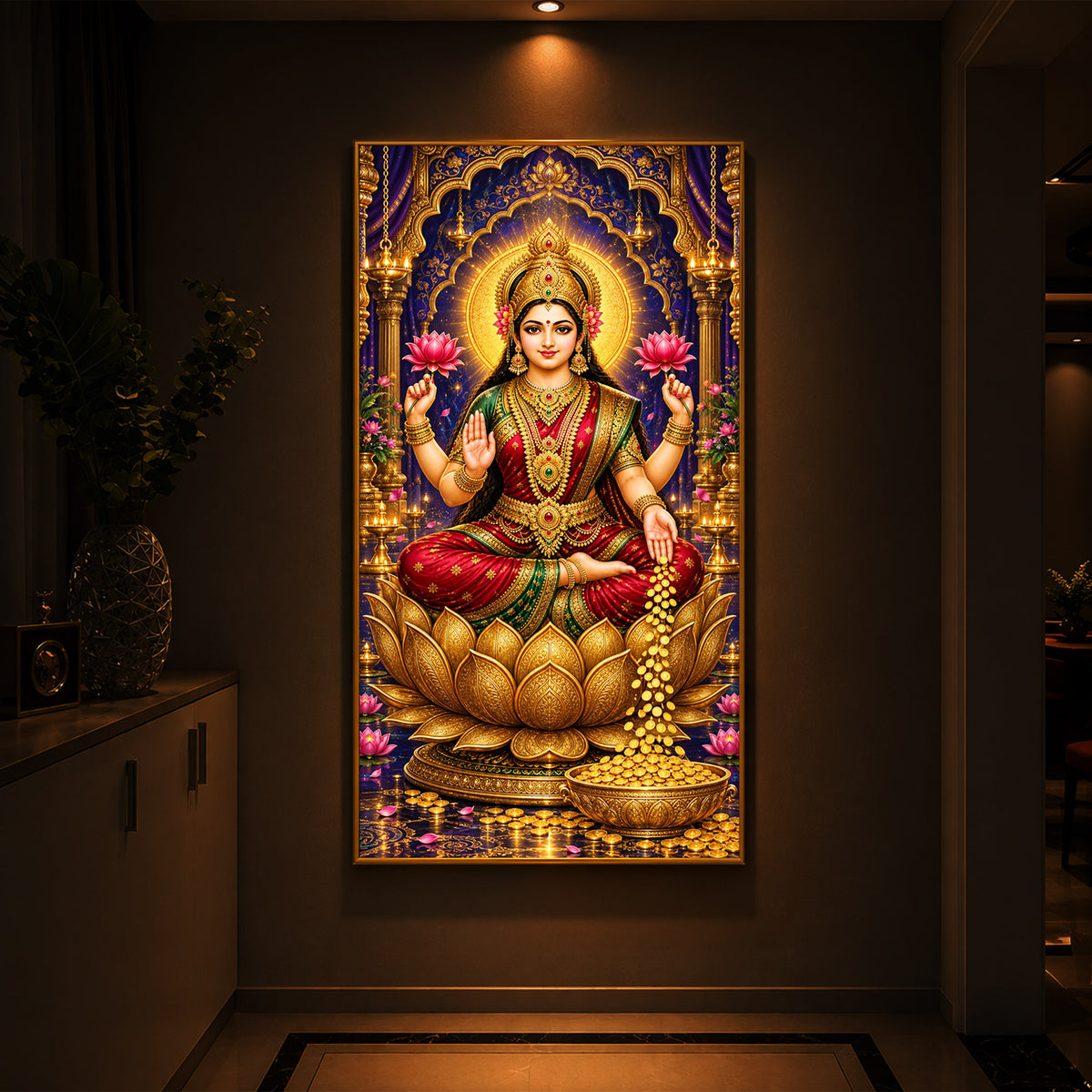 Goddess Maa Laxmi Modern Luxury Backlight Vertical Wall Art