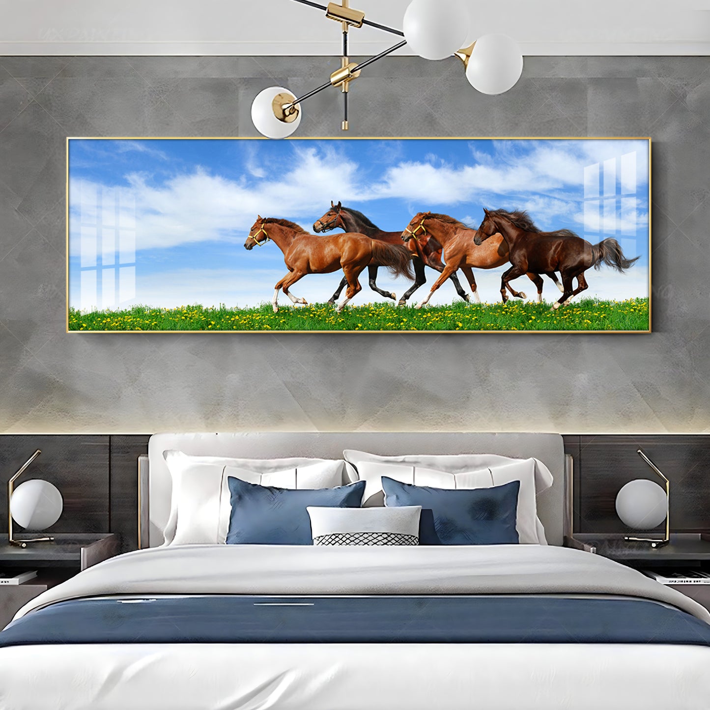 Horses In Green Grass Premium Acrylic Horizontal Wall Art