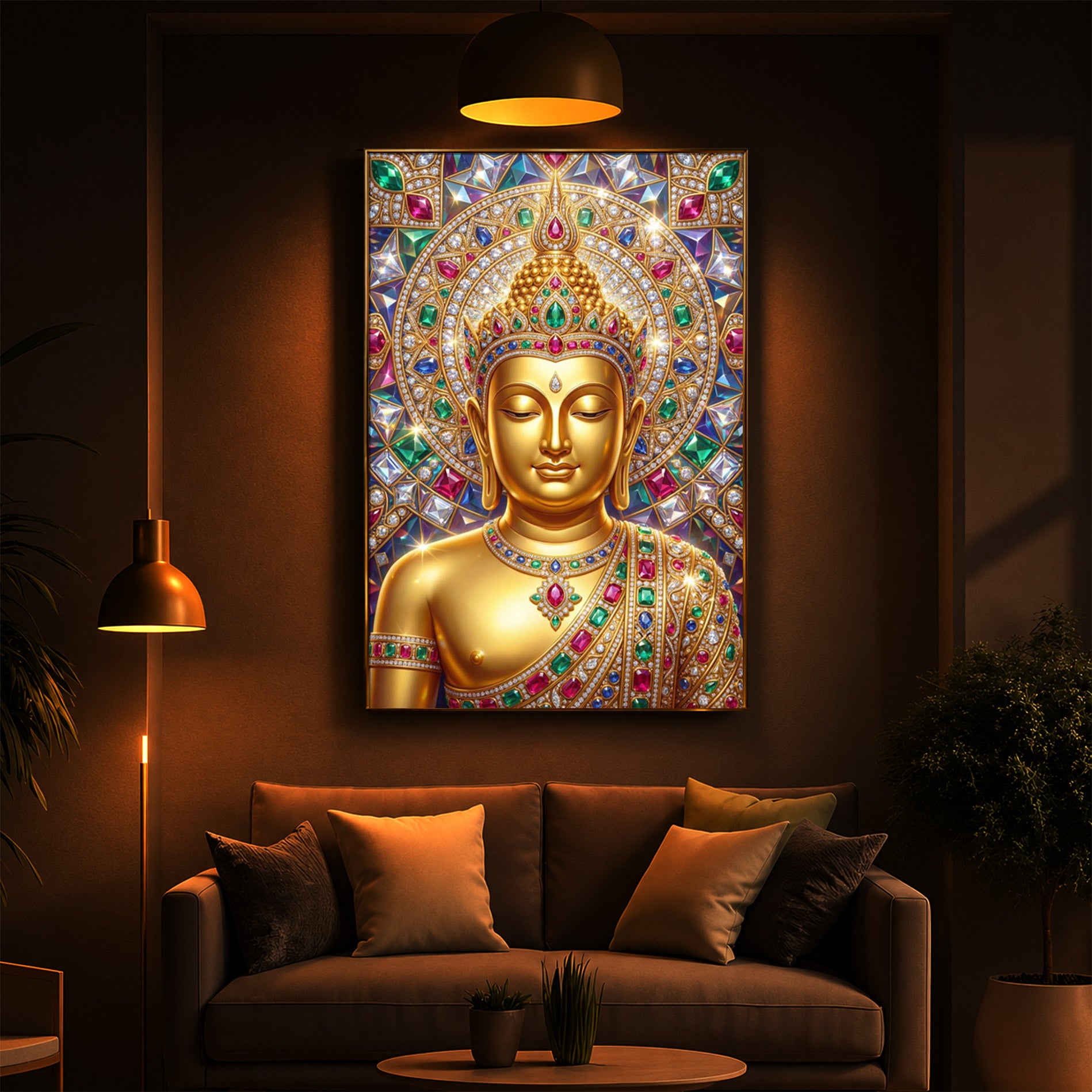 Exquisite Golden Buddha Modern Luxury Backlight Vertical Wall Art