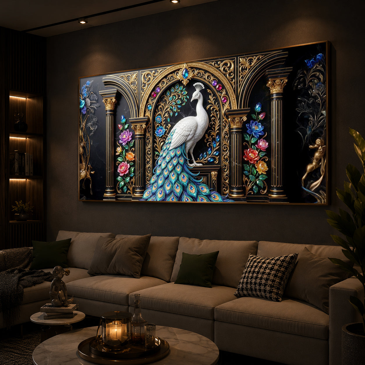 White Peacock Against A Dark Modern Luxury Backlight Horizontal Wall Art