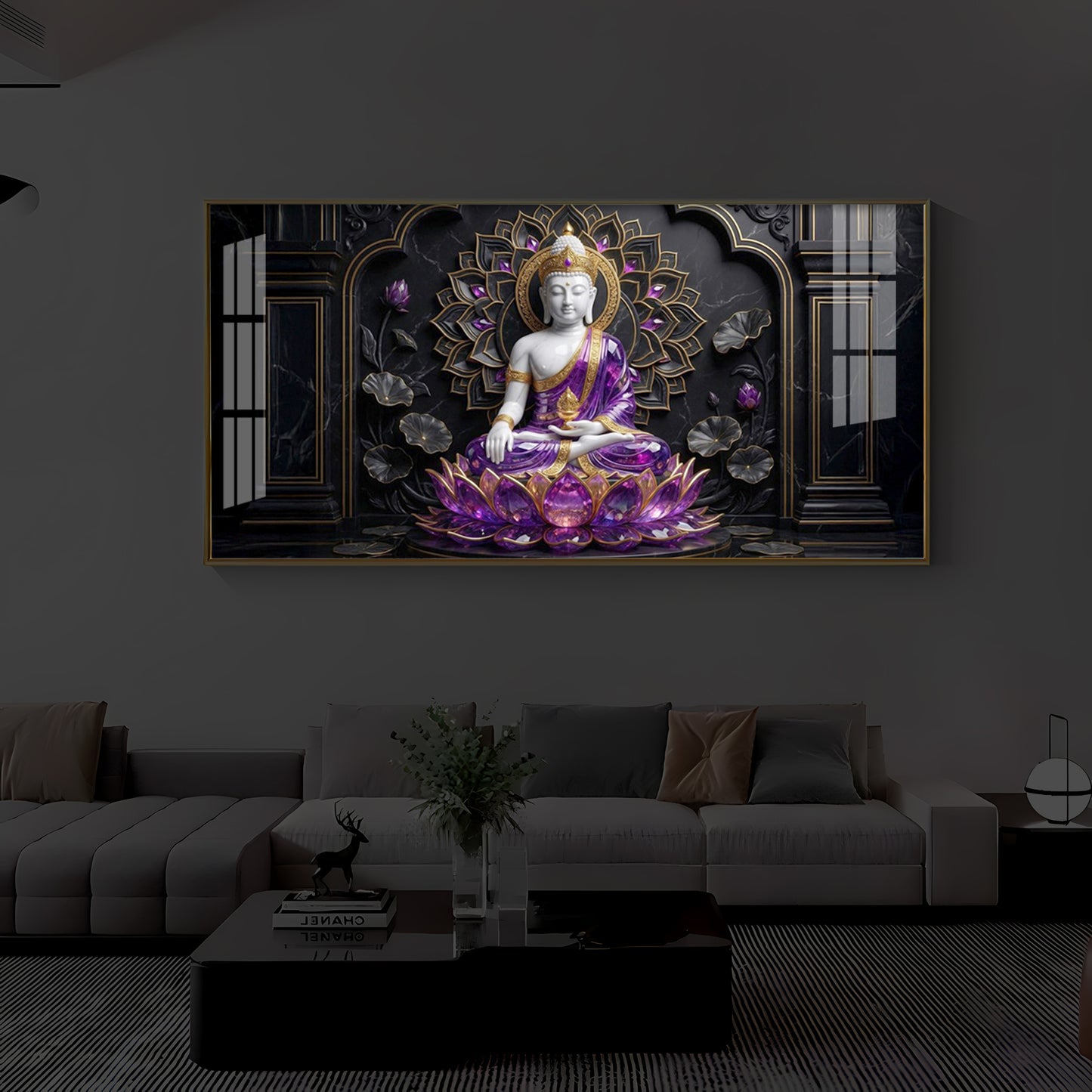 Buddha In Purple Robes Modern Luxury Backlight Horizontal Wall Art