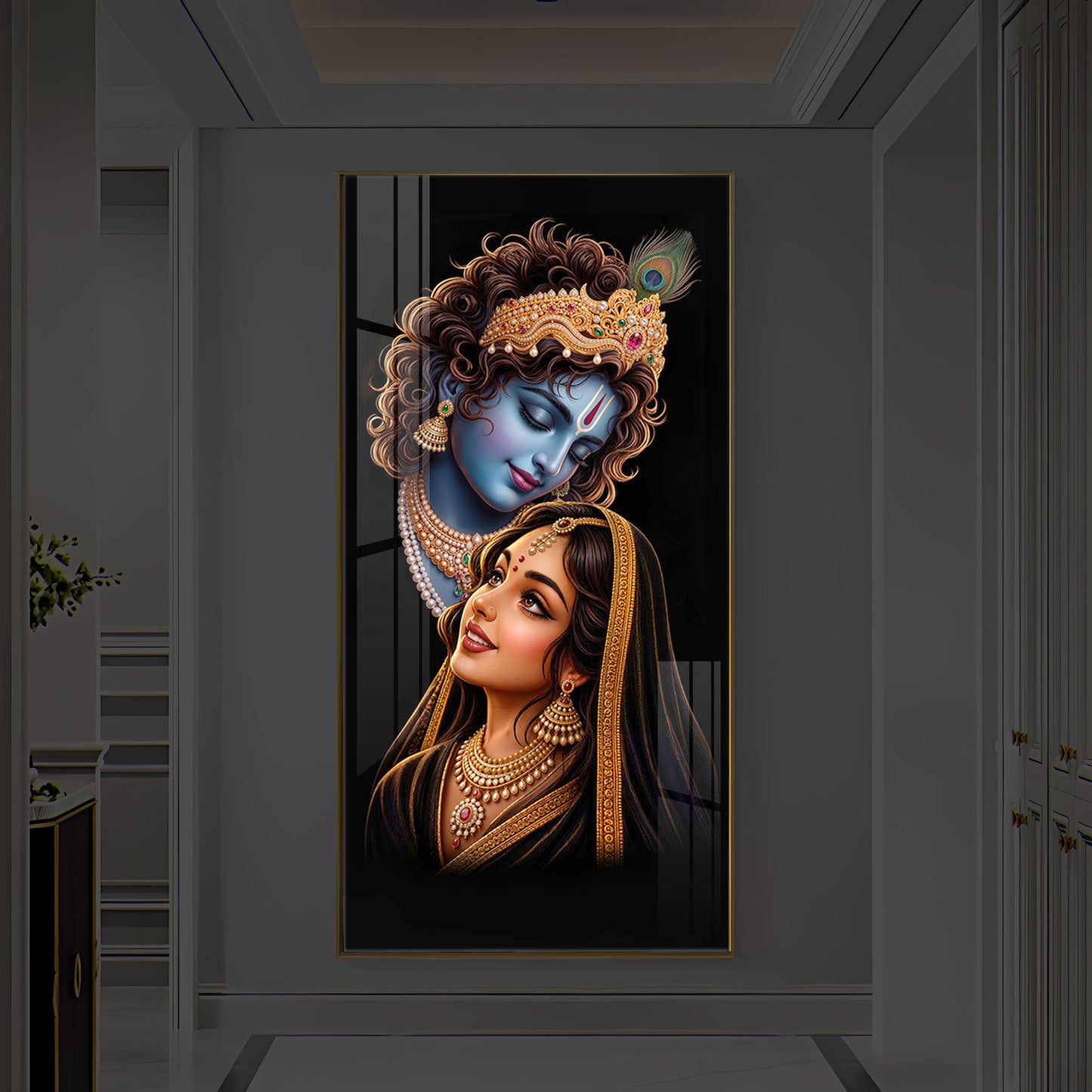 Hindu Deities Shri Radha Krishna Modern Luxury Backlight Vertical Wall Art