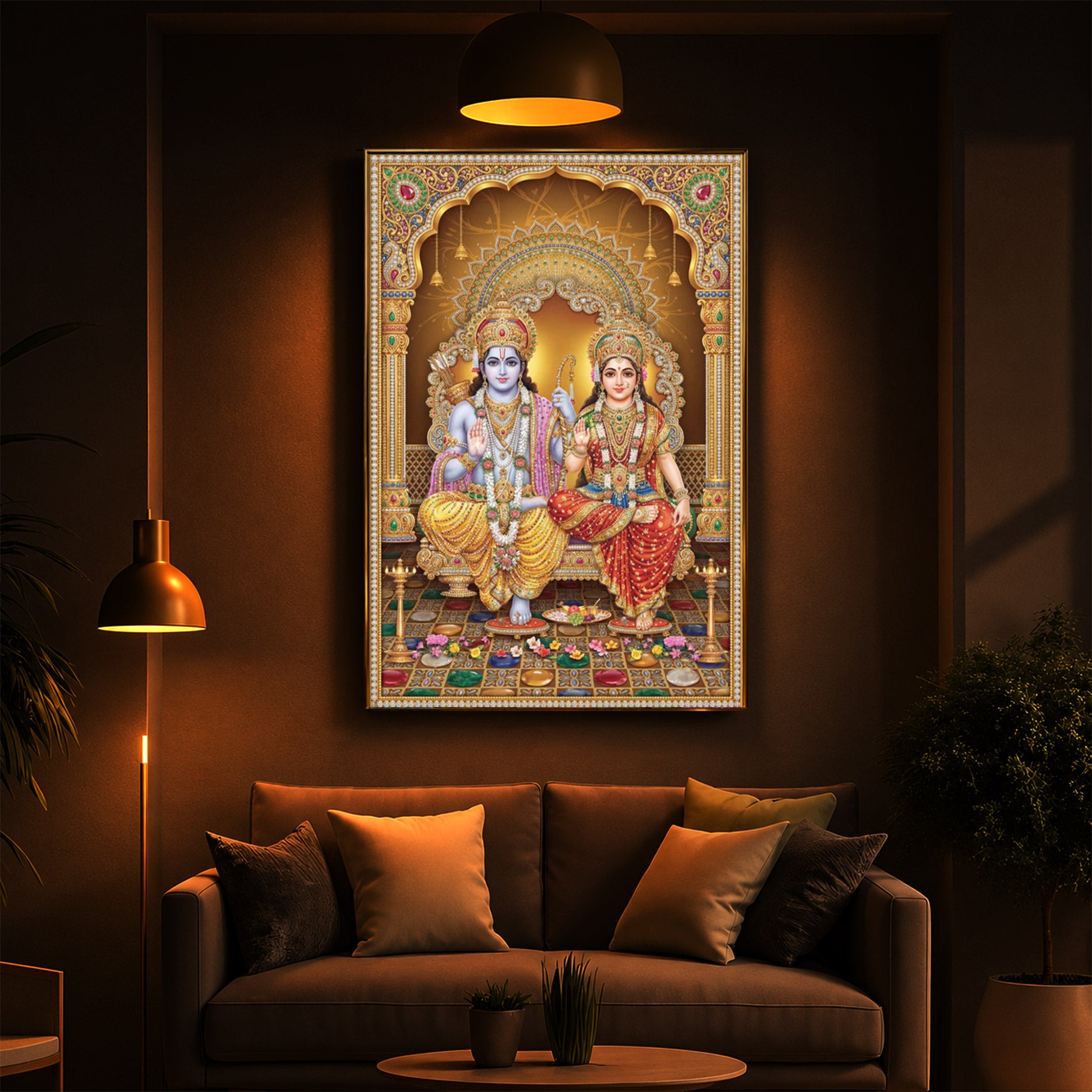 Lord Rama and Goddess Sita Modern Luxury Backlight Vertical Wall Art