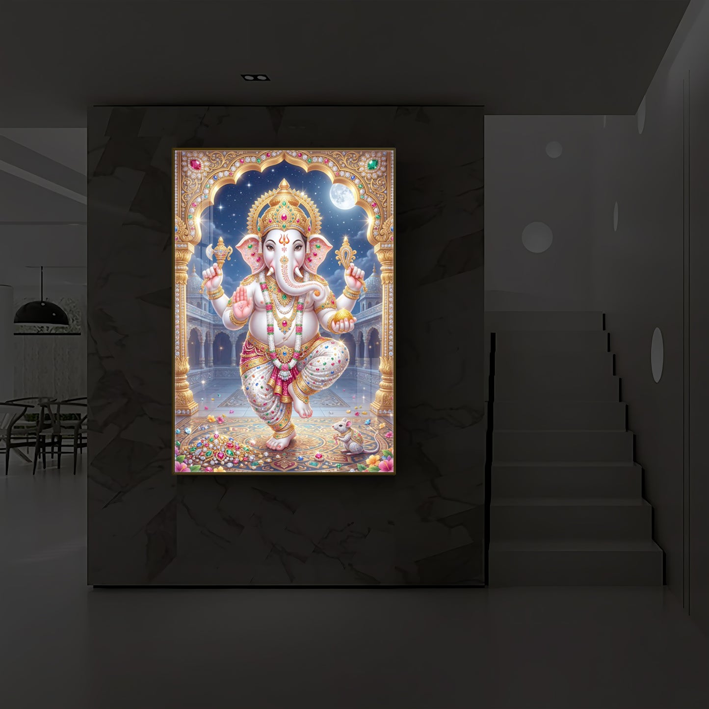 Hindu Shree Ganesh Modern Luxury Backlight Vertical Wall Art