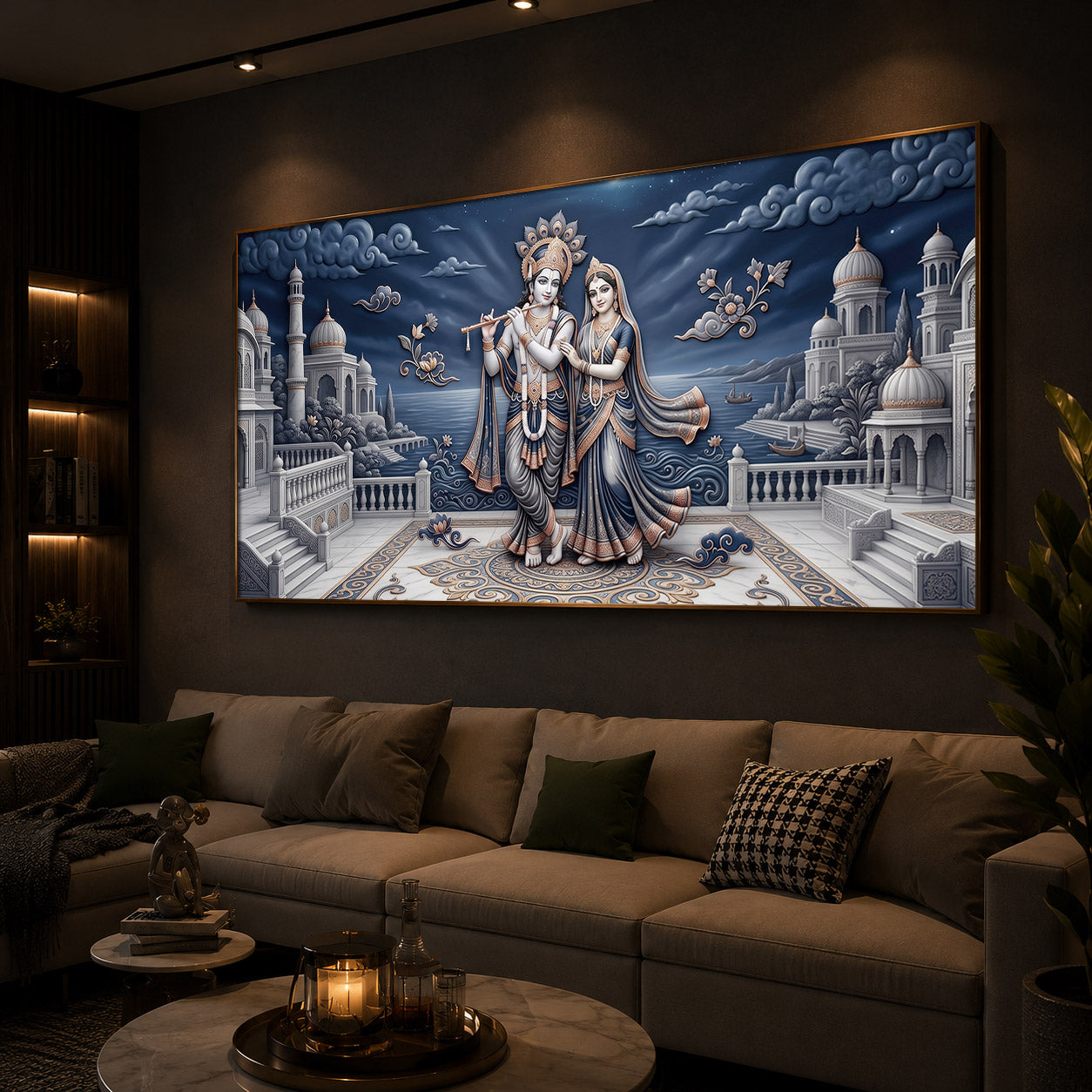 Divine Radha Krishna With Flute Modern Luxury Backlight Horizontal Wall Art