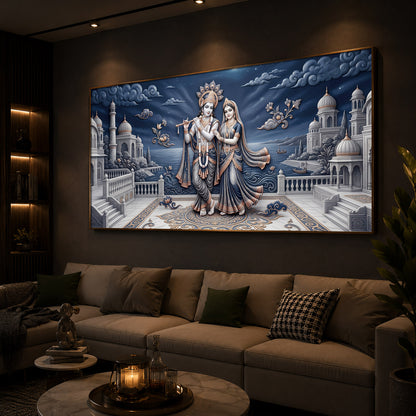 Divine Radha Krishna With Flute Modern Luxury Backlight Horizontal Wall Art