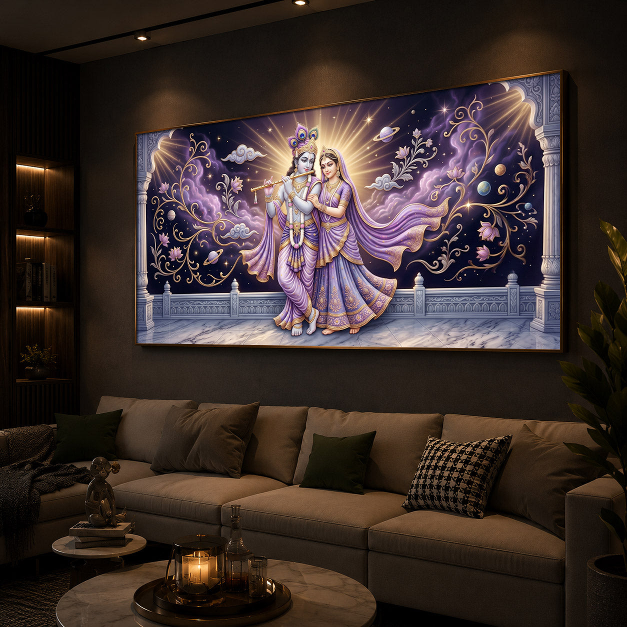 Divine Couple Radha Krishna Modern Luxury Backlight Horizontal Wall Art