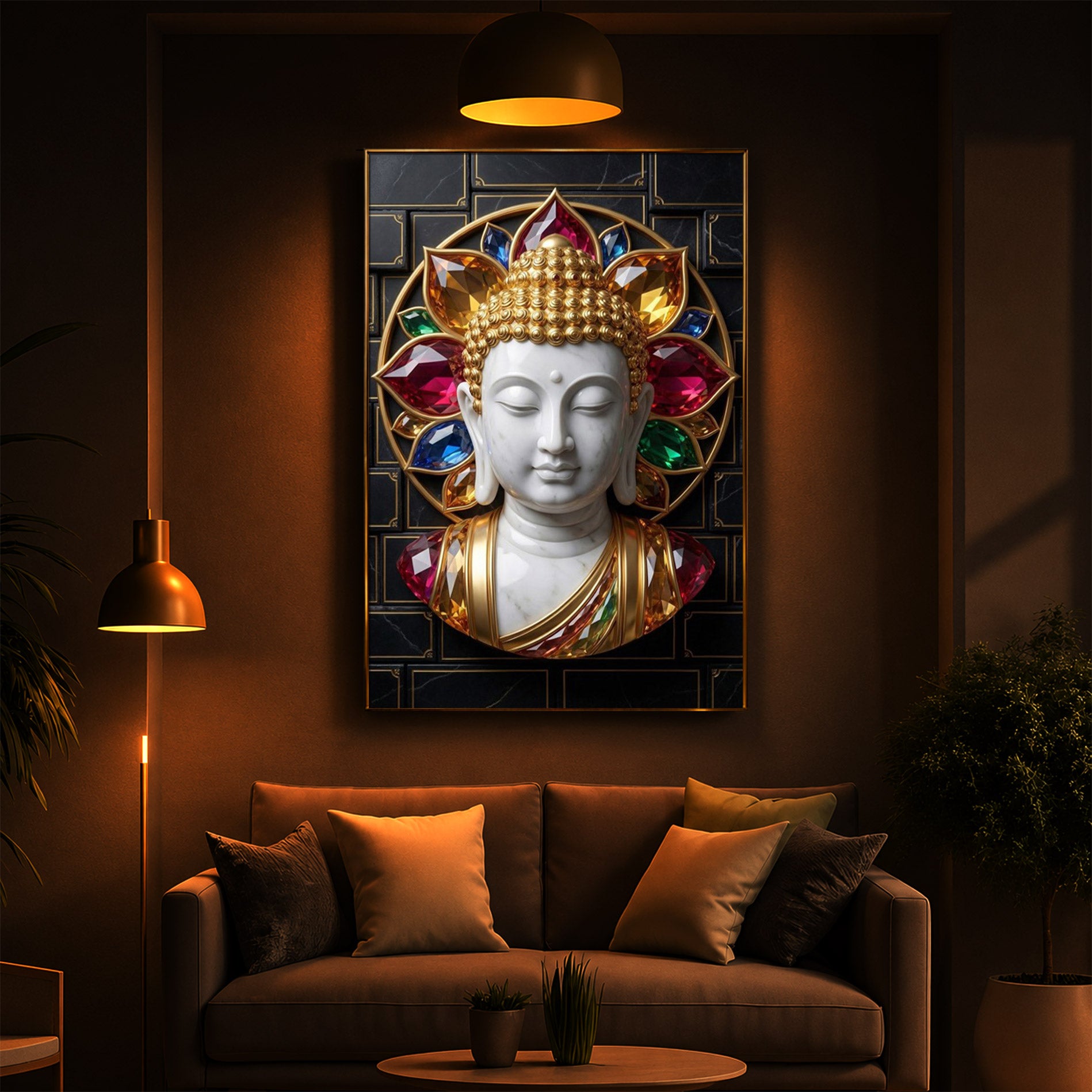White Buddha Face Modern Luxury Backlight Vertical Wall Art