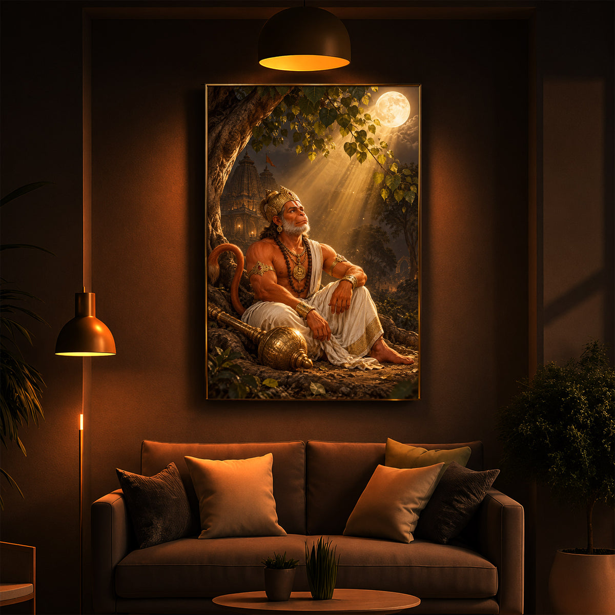 Hanuman Ji Under Tree Modern Luxury Backlight Vertical Wall Art