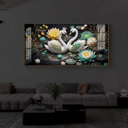 Pair Of White Swans Modern Luxury Backlight Horizontal Wall Art
