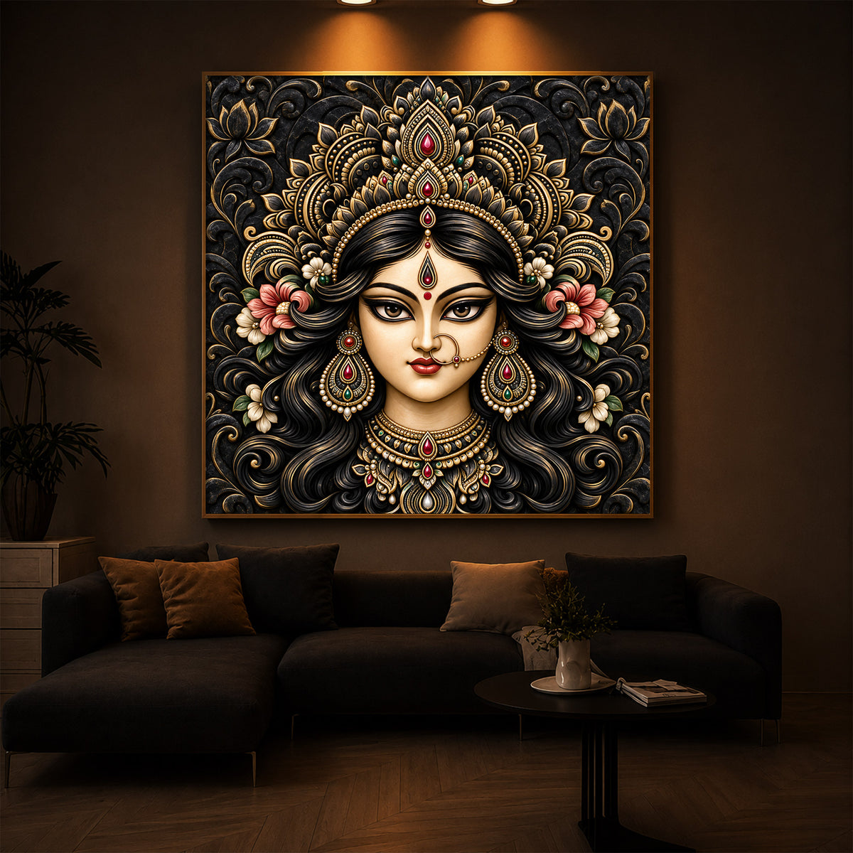 Divine Face of Durga Modern Luxury Backlight Square Wall Art