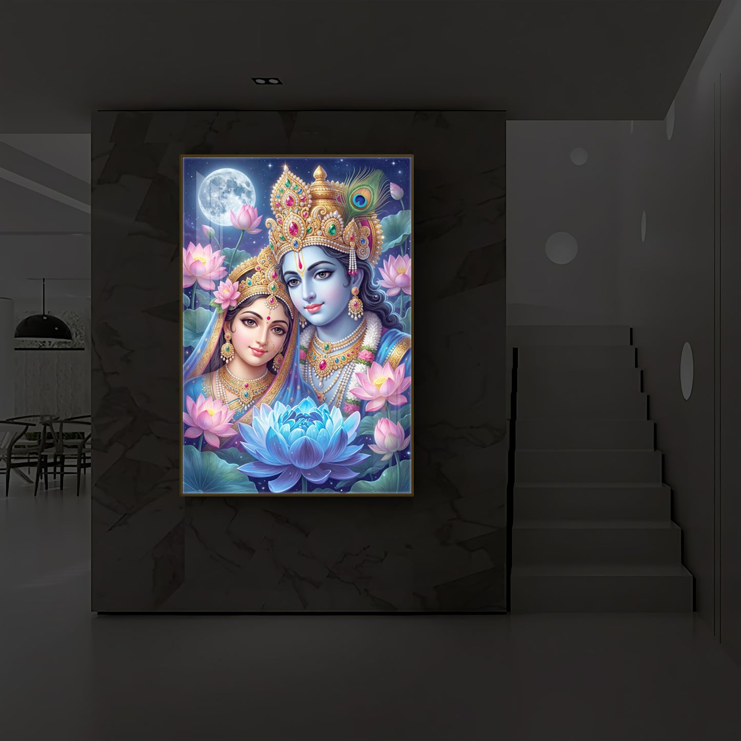 Radha Krishna Divine Togetherness Modern Luxury Backlight Vertical Wall Art