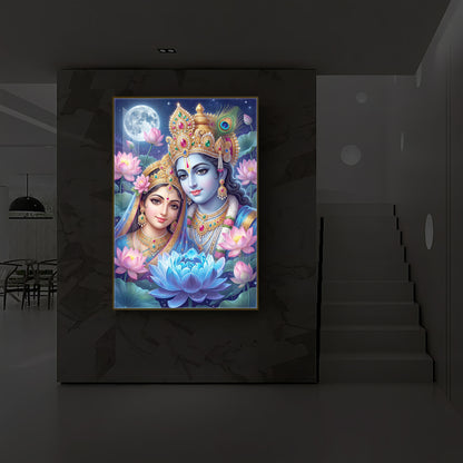 Radha Krishna Divine Togetherness Modern Luxury Backlight Vertical Wall Art