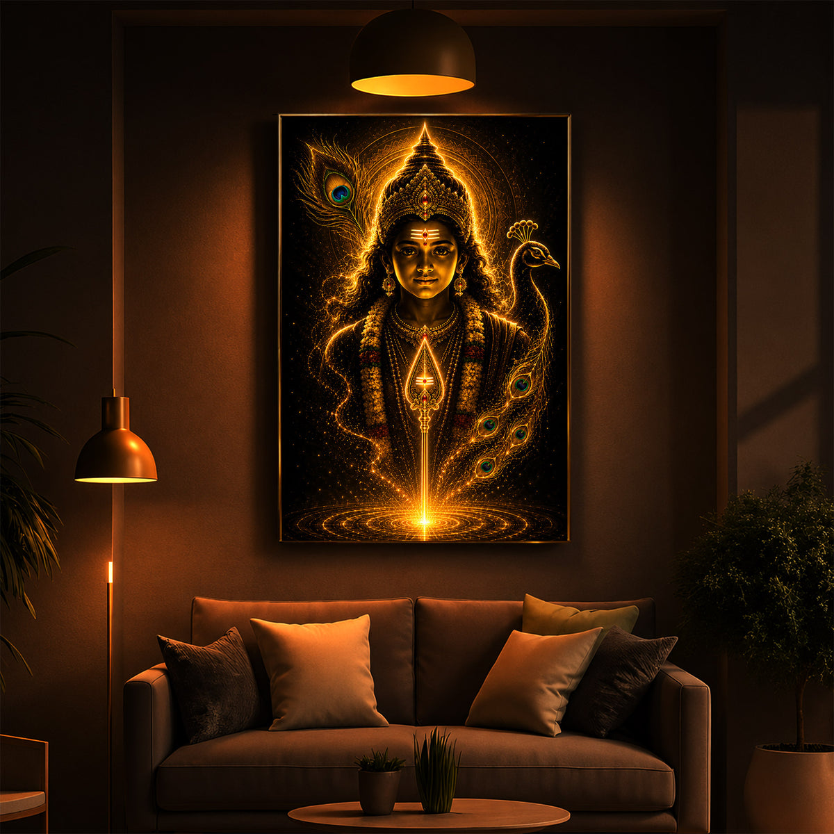 Divine Murugan With Peacock Modern Luxury Backlight Vertical Wall Art