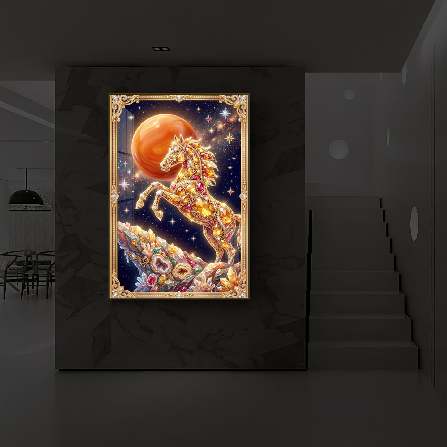 Horse In Dancing Posture Modern Luxury Backlight Vertical Wall Art