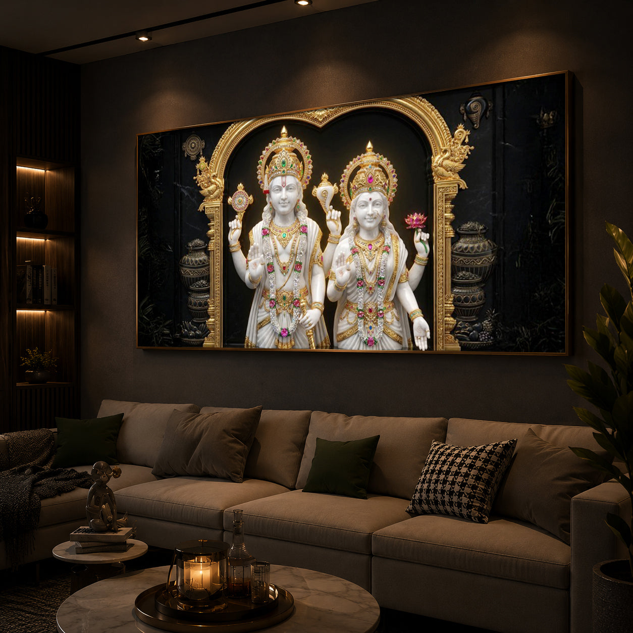 Lord Vishnu & Goddess Lakshmi Modern Luxury Backlight Horizontal Wall Art