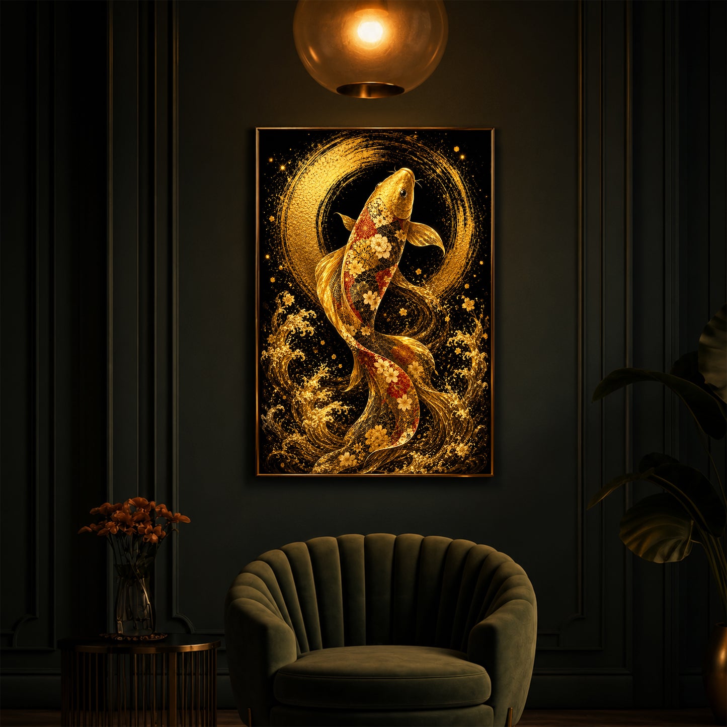 Golden Koi Fish Modern Luxury Backlight Vertical Wall Art