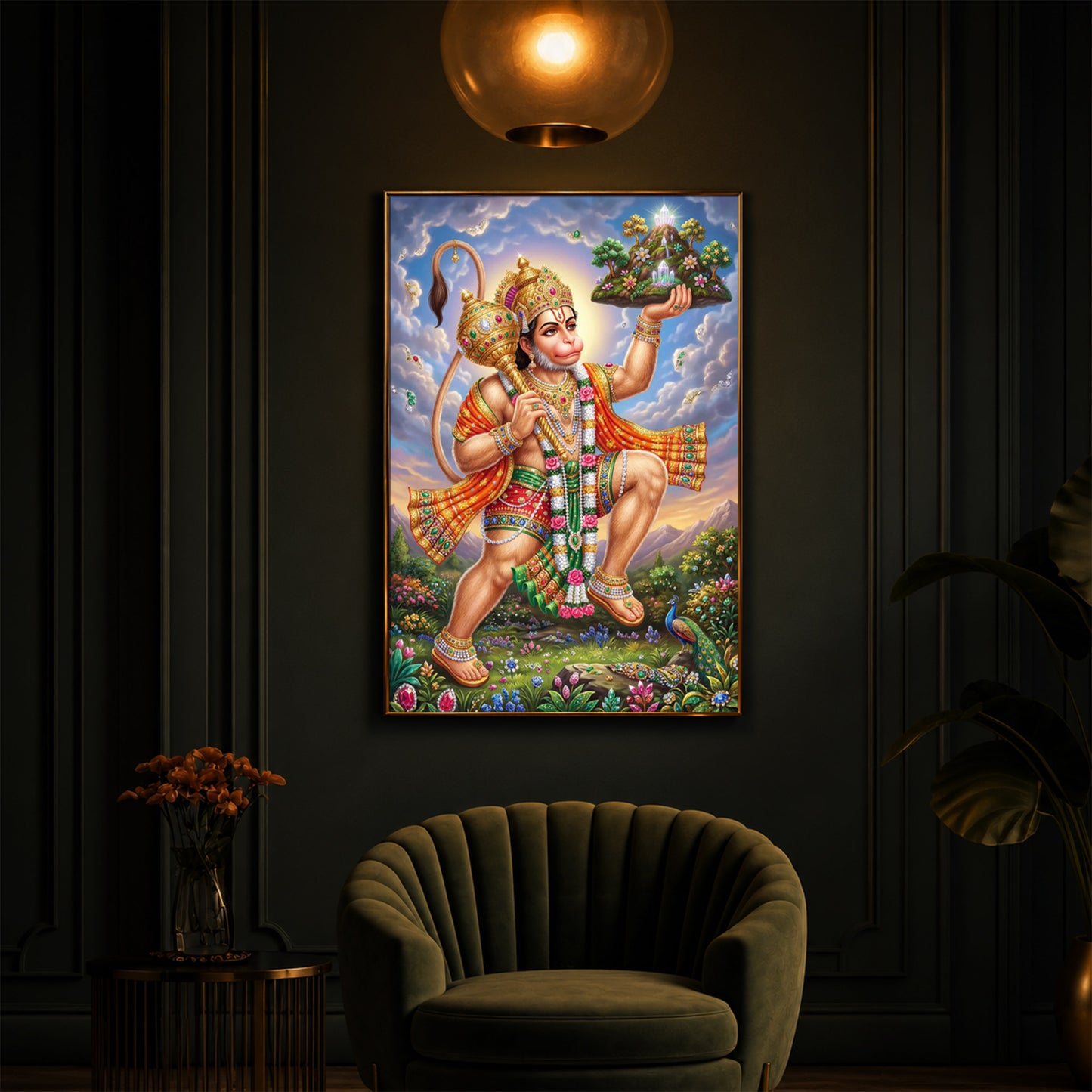Lord Hanuman Carries The Mountain Modern Luxury Backlight Vertical Wall Art