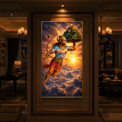 Lord Hanuman Carrying Sanjeevani Mountain Modern Luxury Backlight Vertical Wall Art