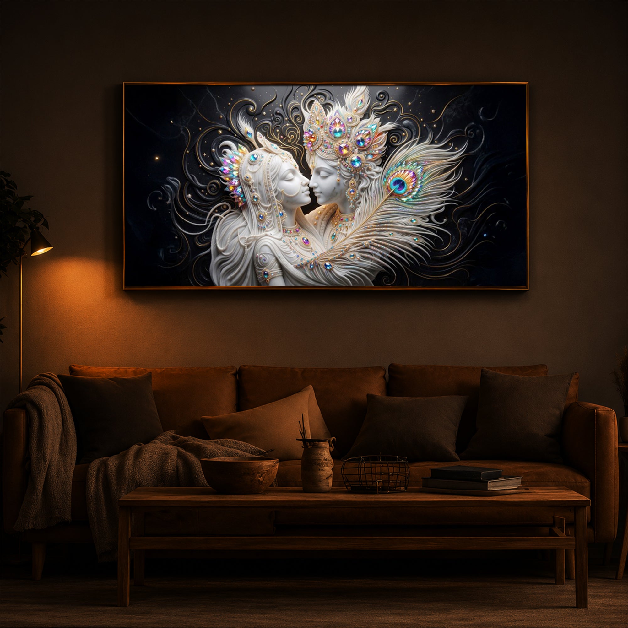 Depicts Radha Krishna Modern Luxury Backlight Horizontal Wall Art