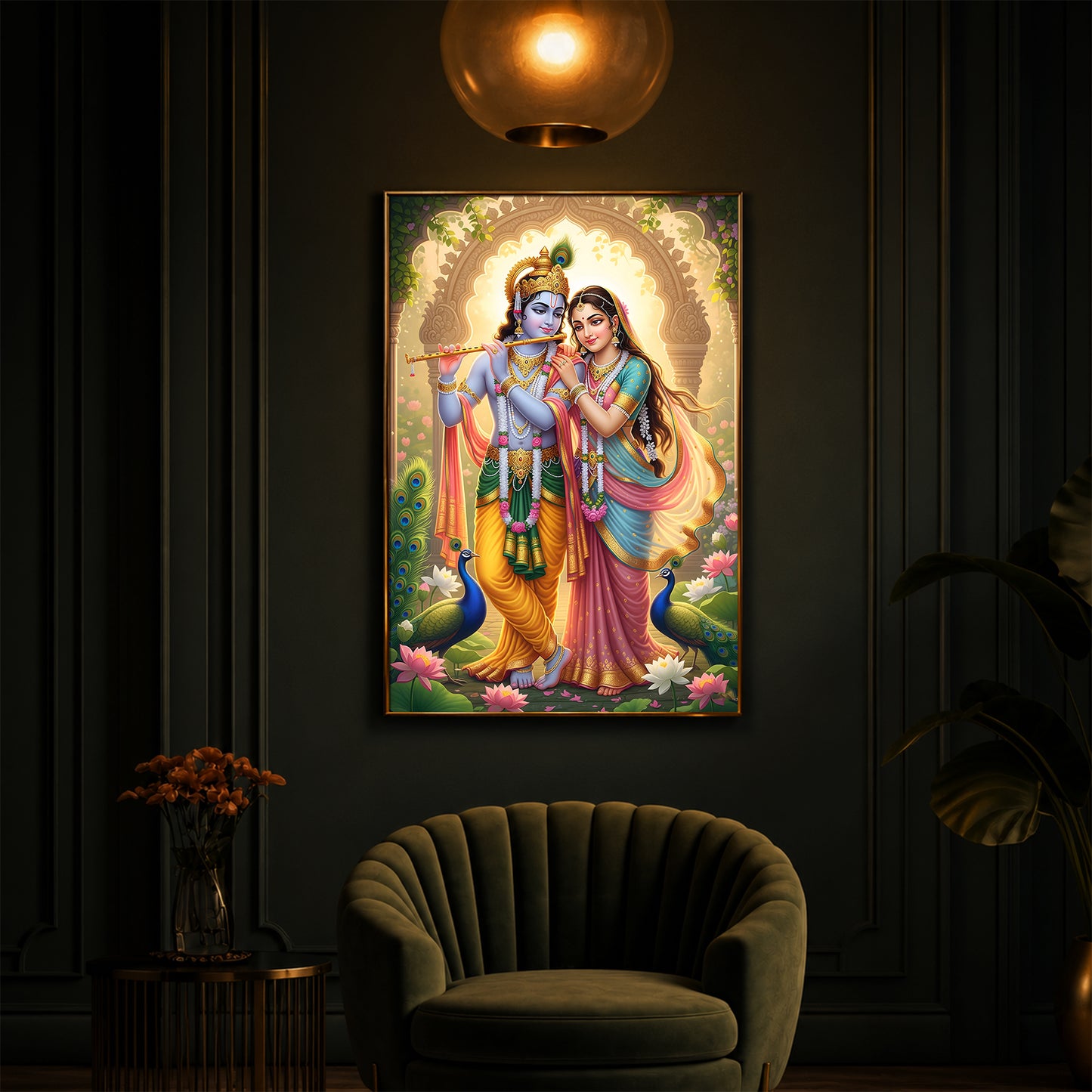 Loving Shri Radhe Krishna Modern Luxury Backlight Vertical Wall Art
