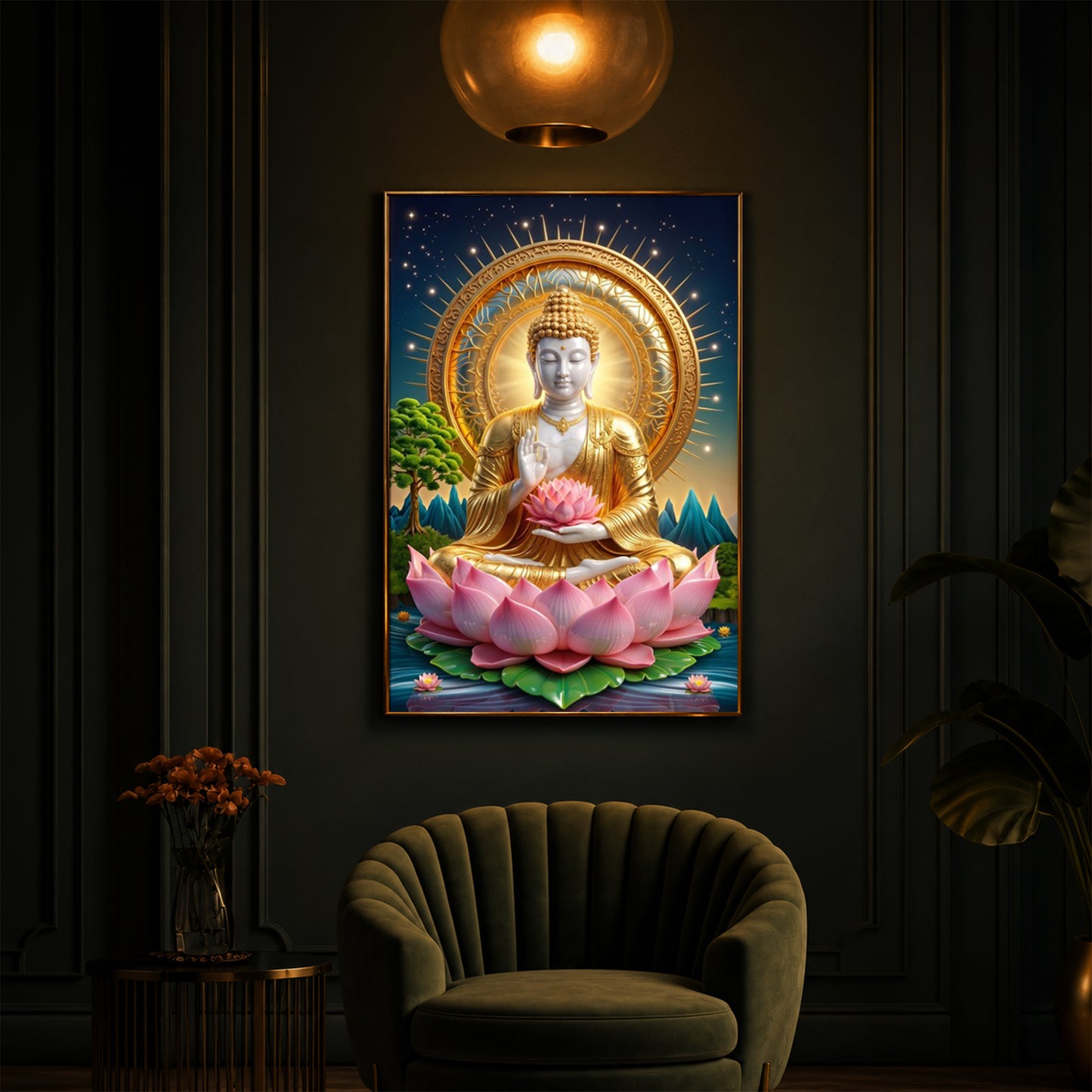 Lord Gautama Buddha Modern Luxury Backlight Vertical Wall Art