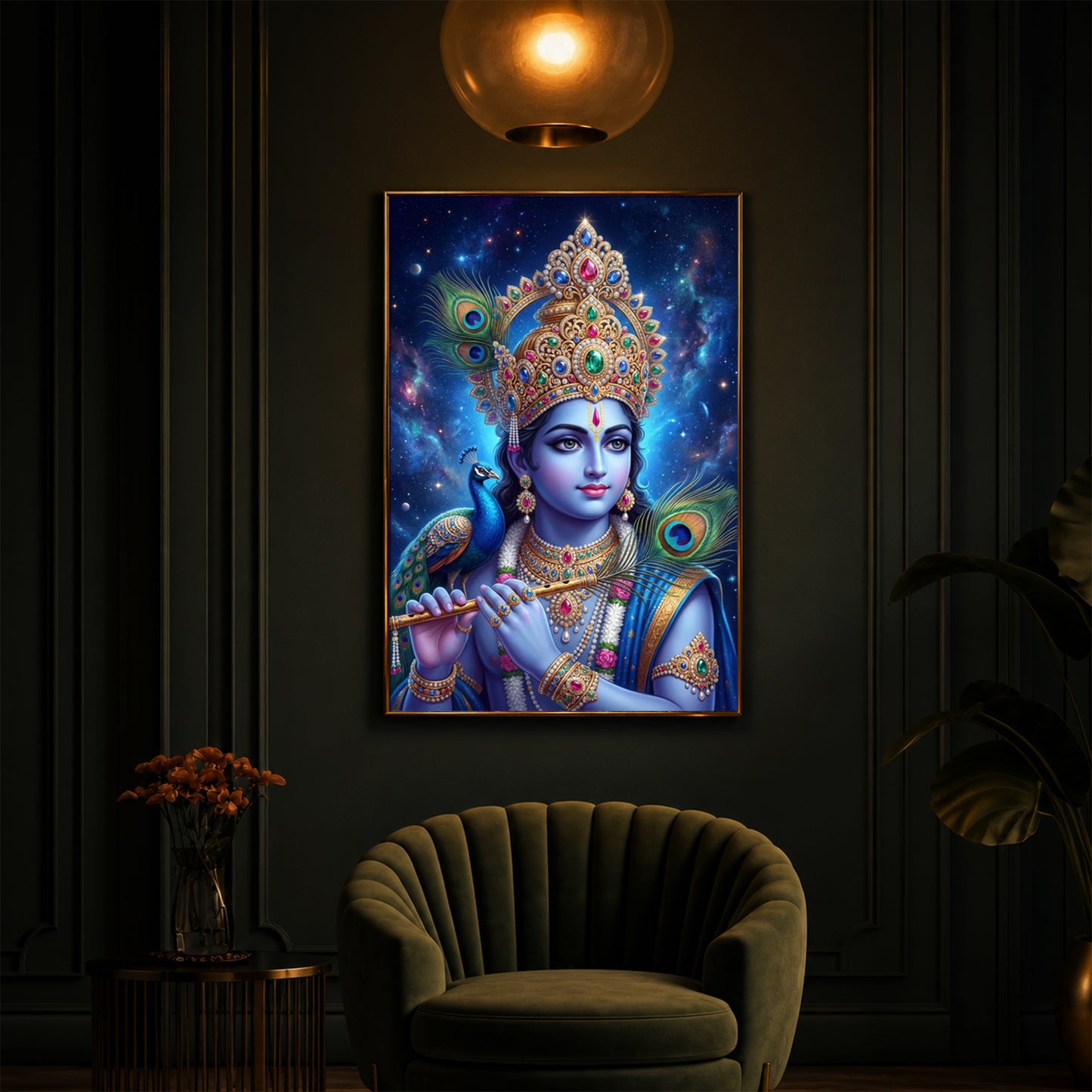 Hindu Deity Lord Krishna Modern Luxury Backlight Vertical Wall Art