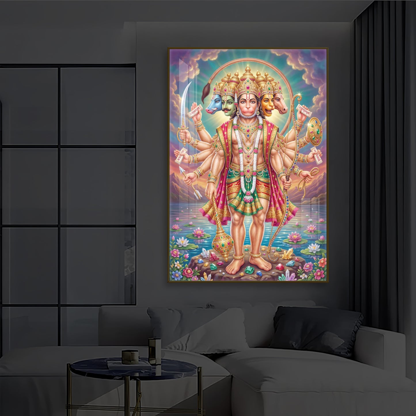 Spiritual Panchamukhi Hanuman Modern Luxury Backlight Vertical Wall Art
