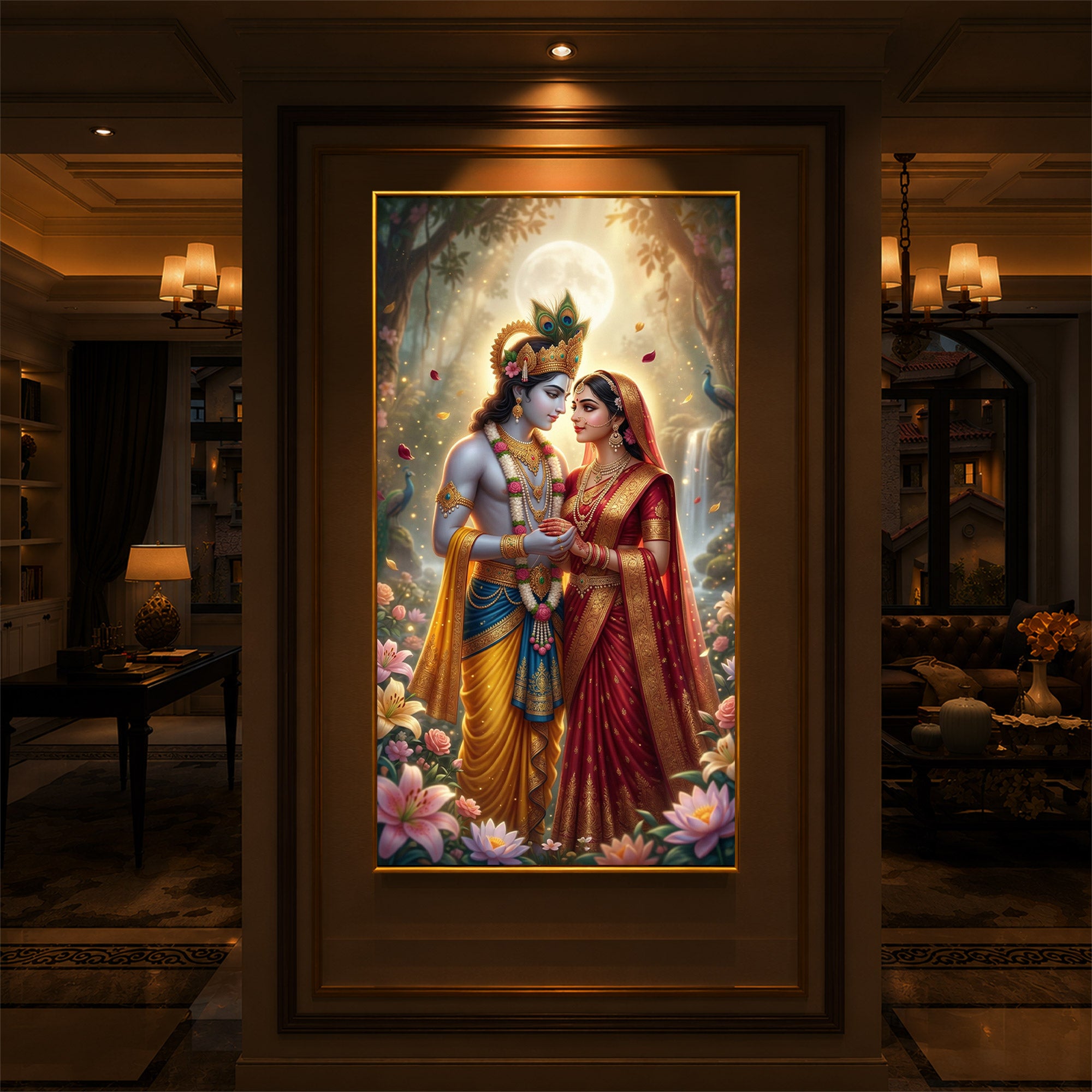 Loving Radha Krishna Ji Modern Luxury Backlight Vertical Wall Art