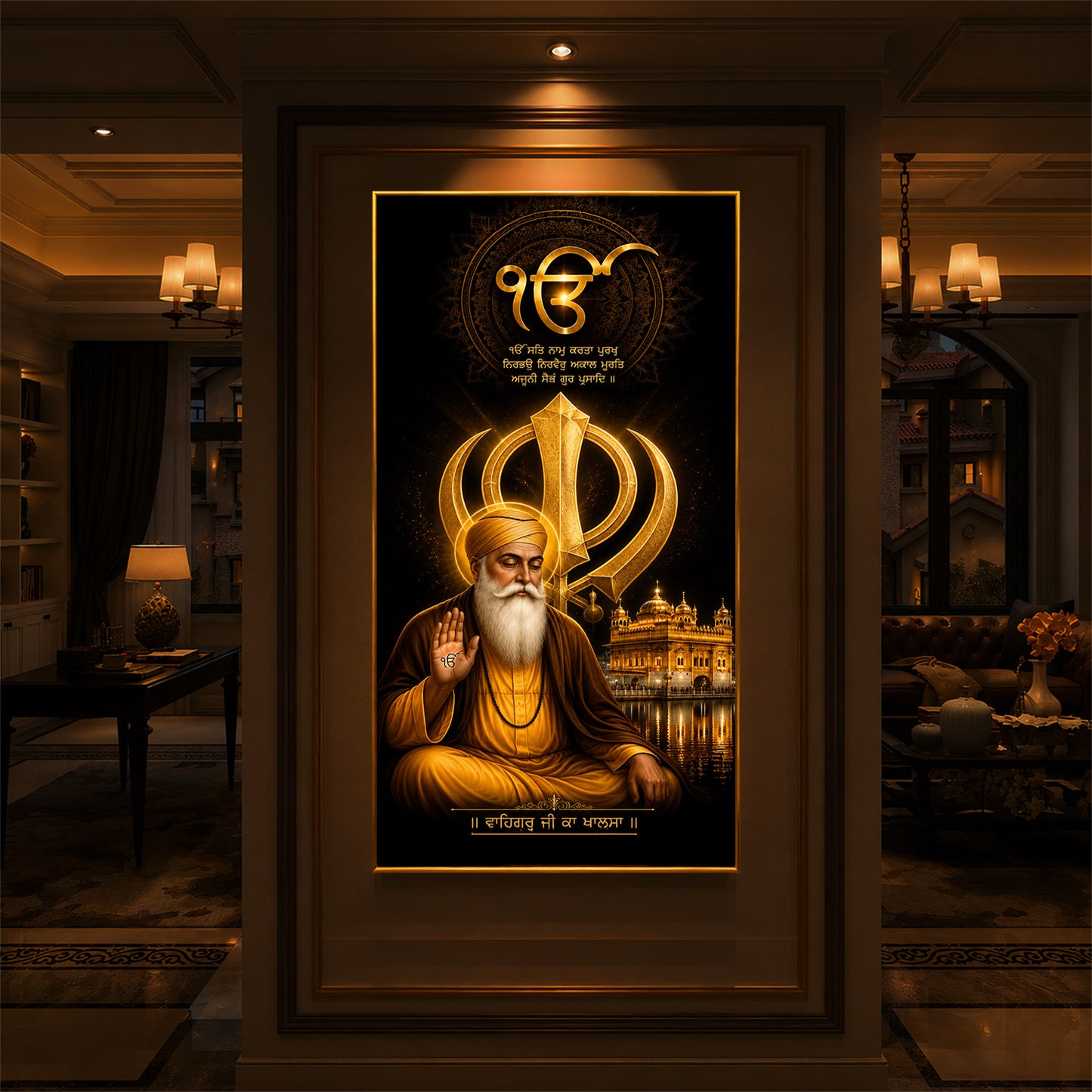 Guru Nanak Dev With Ik Onkar Modern Luxury Backlight Vertical Wall Art