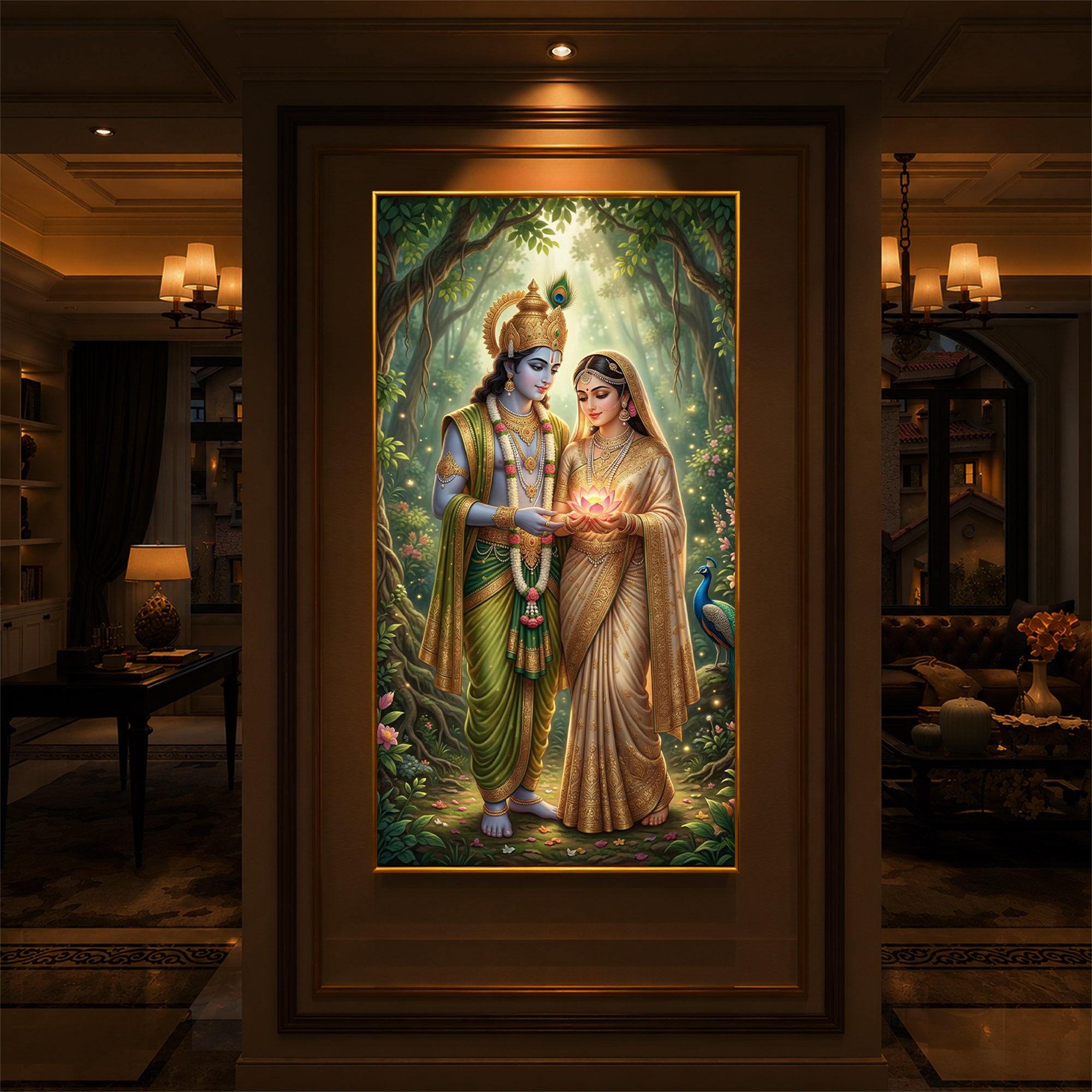 Shree Radhe Krishna Modern Luxury Backlight Vertical Wall Art