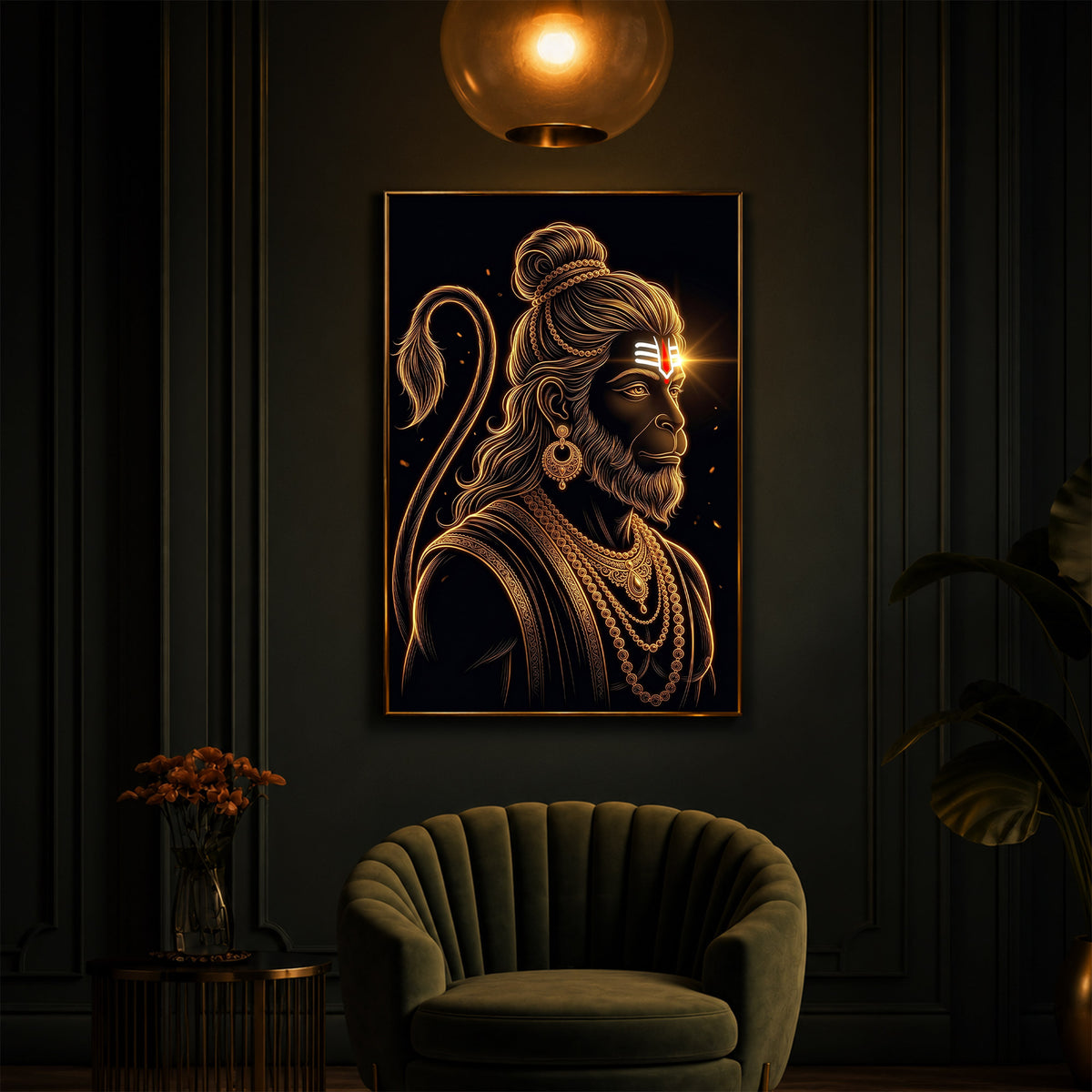 Hanuman With Tilak Modern Luxury Backlight Vertical Wall Art
