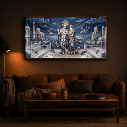 Divine Radha Krishna With Flute Modern Luxury Backlight Horizontal Wall Art