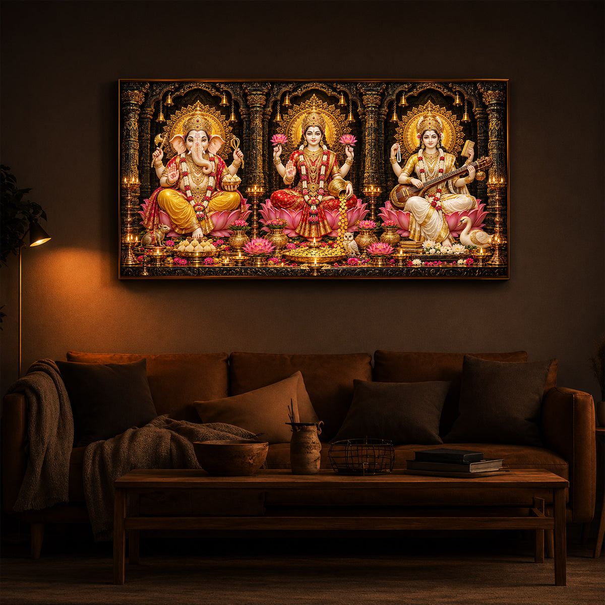 Goddess Lakshmi, Lord Ganesha and Goddess Saraswati Modern Luxury Backlight Horizontal Wall Art