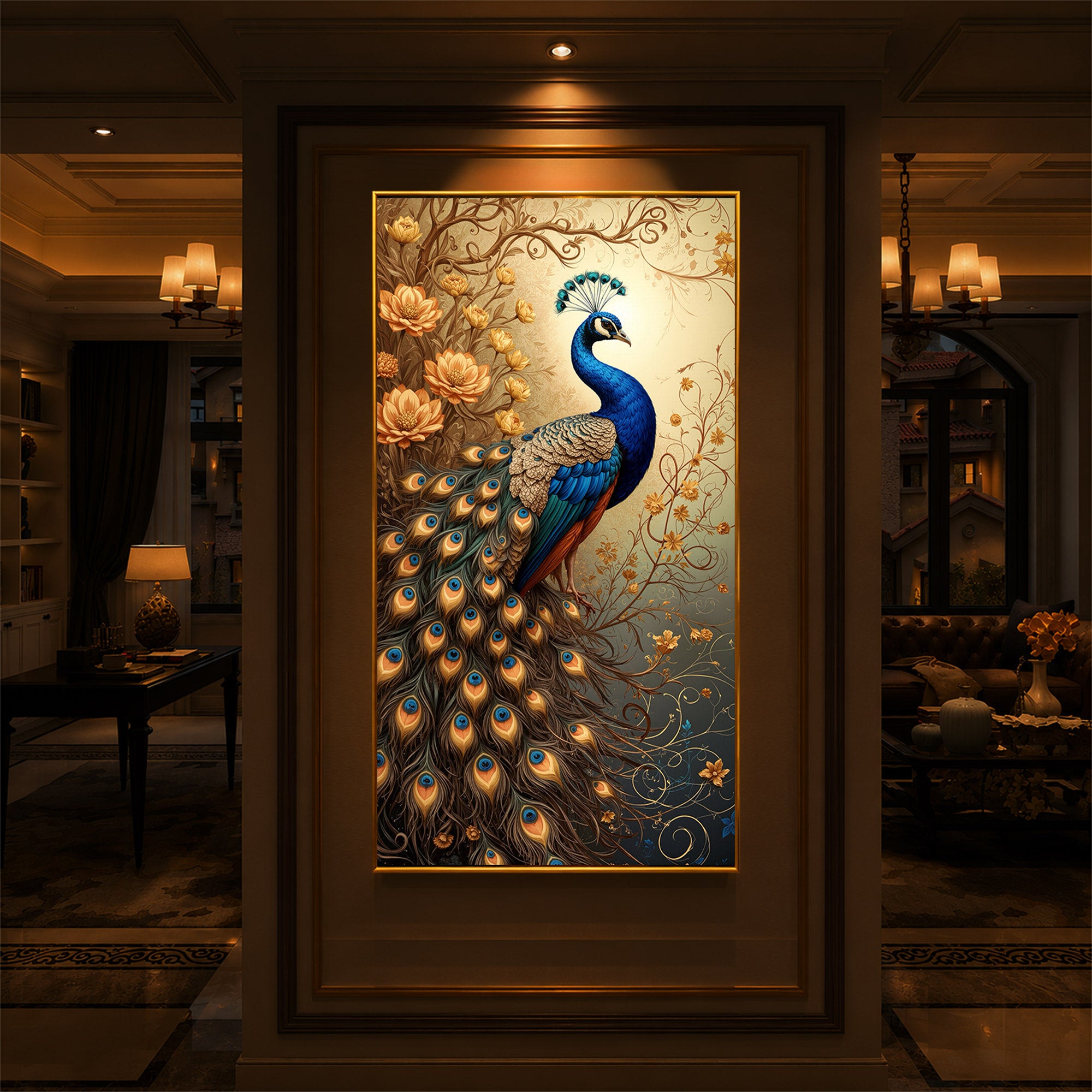 Beautiful Peacock Modern Luxury Backlight Vertical Wall Art