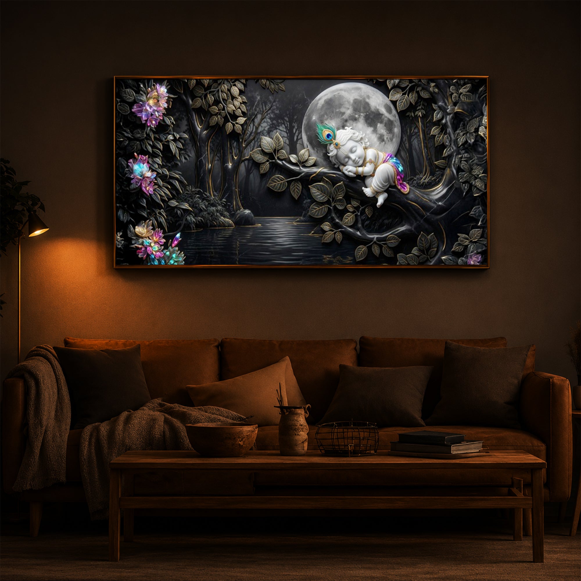 Divine Lord Little Krishna Modern Luxury Backlight Horizontal Wall Art