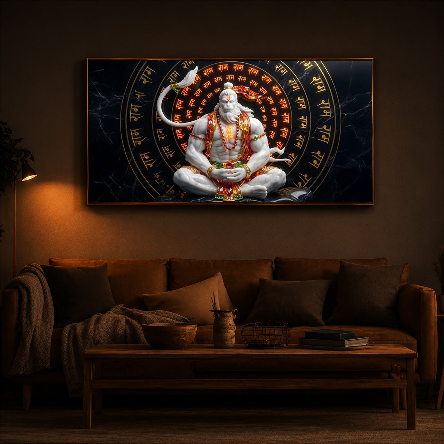 Lord Hanuman Sitting In A Meditative Modern Luxury Backlight Horizontal Wall Art