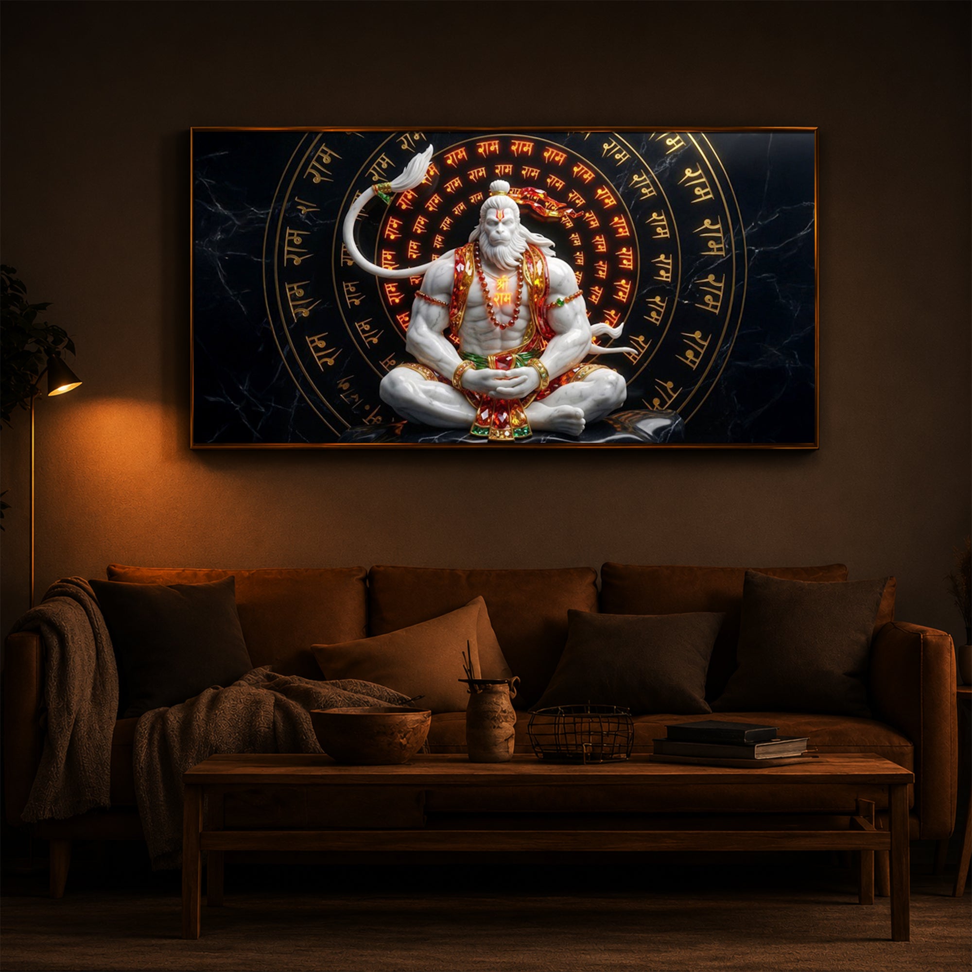 Lord Hanuman Sitting In A Meditative Modern Luxury Backlight Horizontal Wall Art