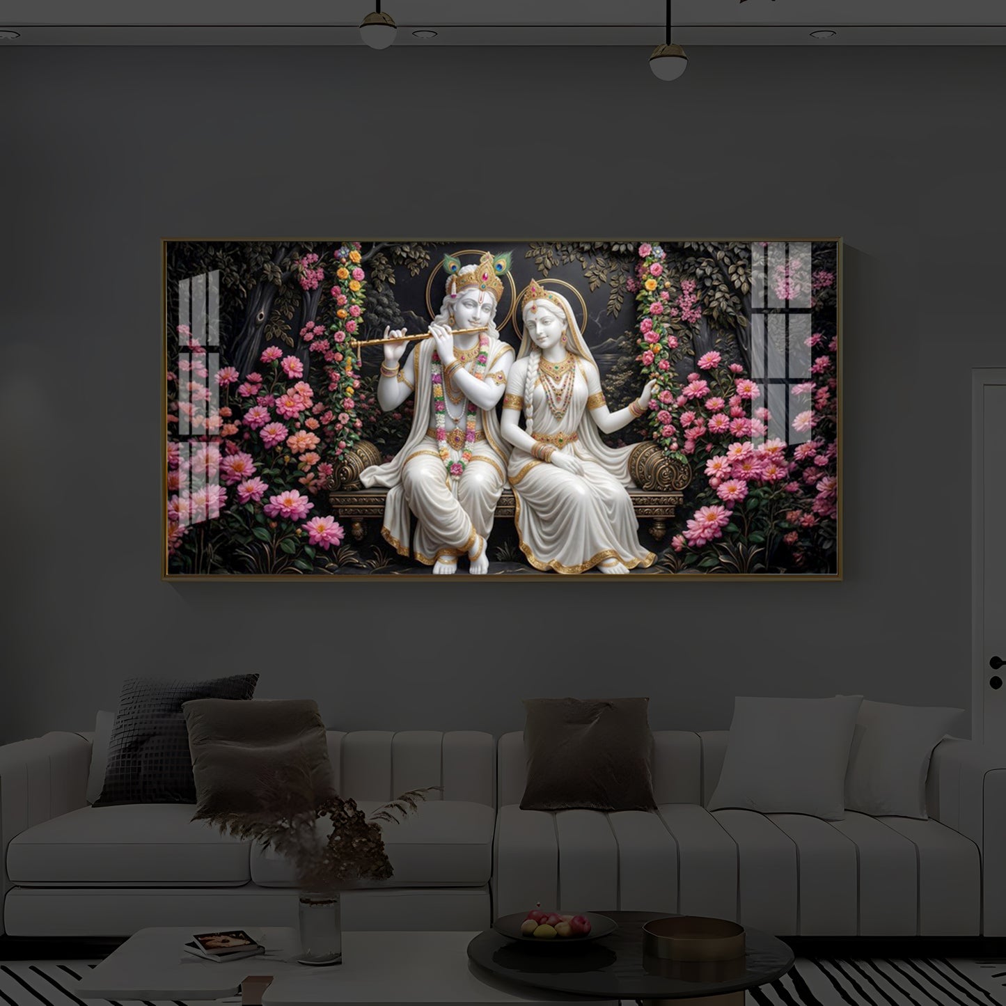 Radha Krishna With Flower Modern Luxury Backlight Horizontal Wall Art