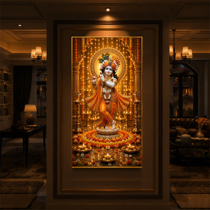 Beautiful Divine Krishna With Flute Modern Luxury Backlight Vertical Wall Art