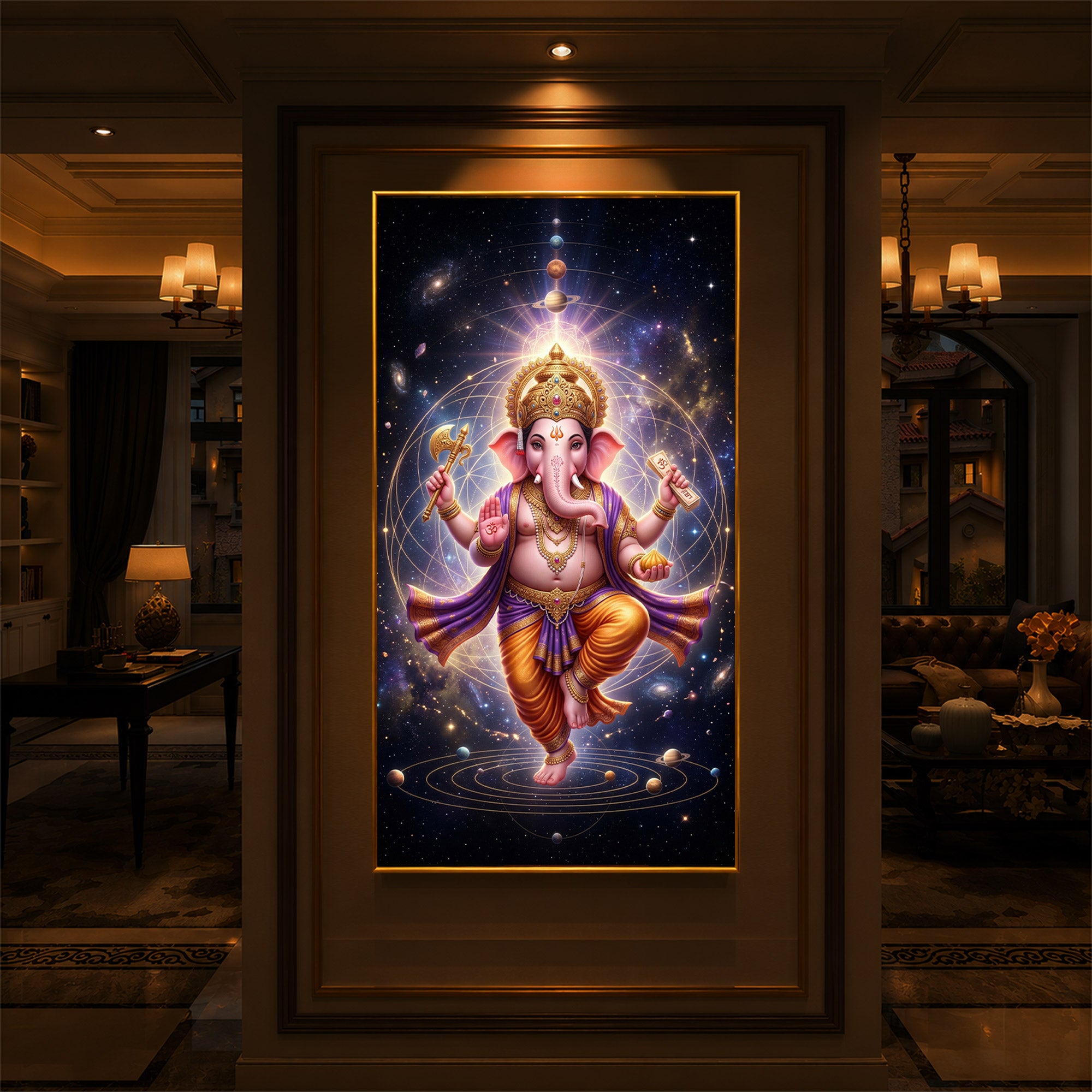 Shree Ganesha's Celestial Embrace Modern Luxury Backlight Vertical Wall Art