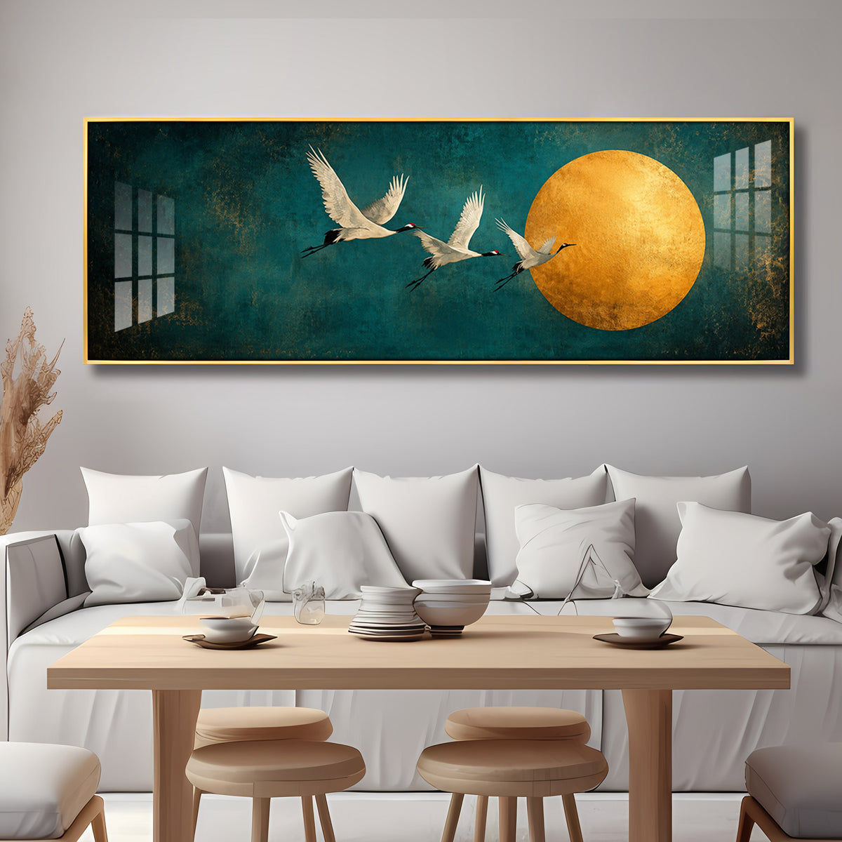 Three Cranes Golden Sun Teal Premium Acrylic Horizontal Wall Art